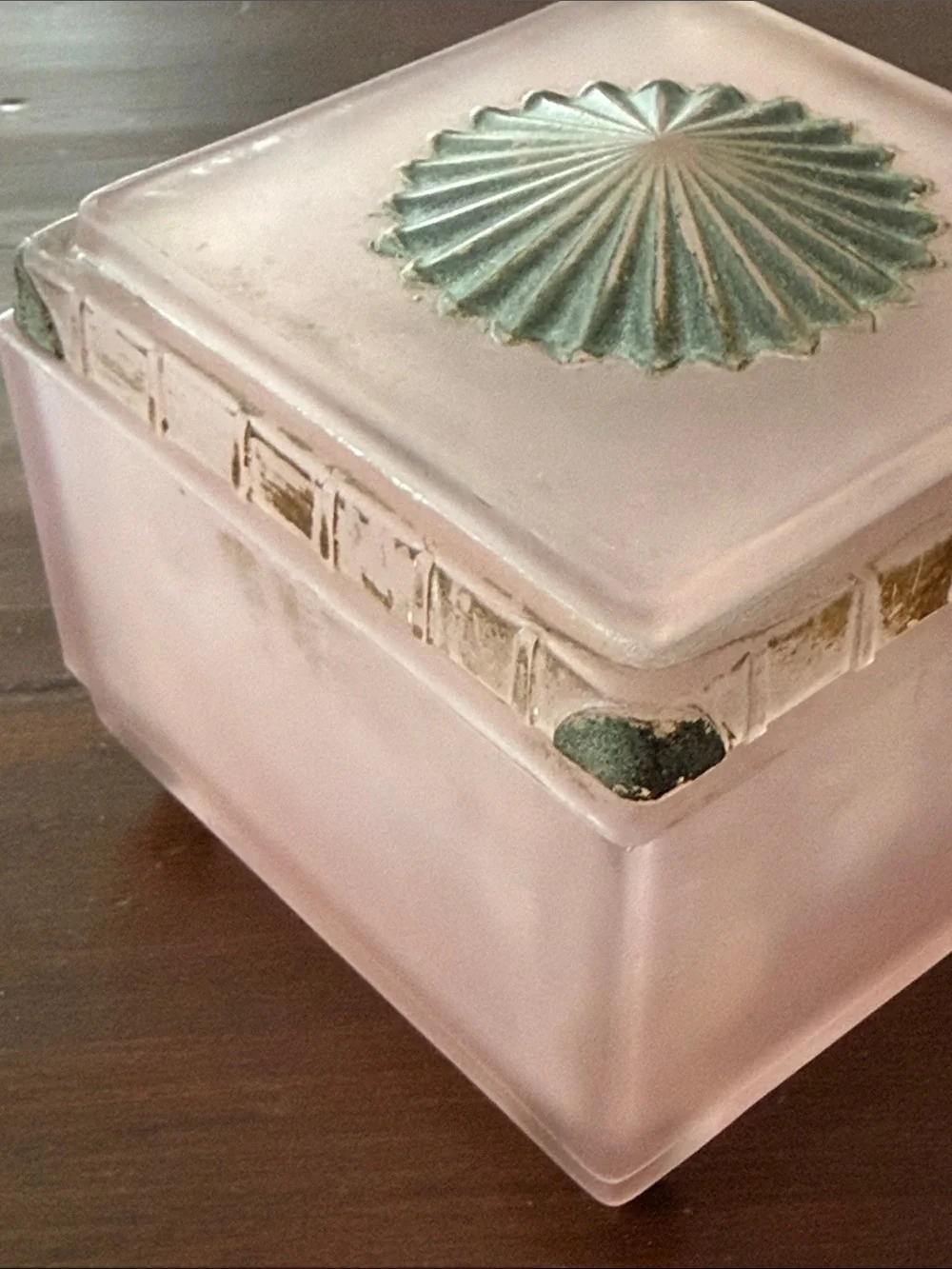 Taussaunt Glass Frosted  Pink Square Vanity Powder Box with Sunburst